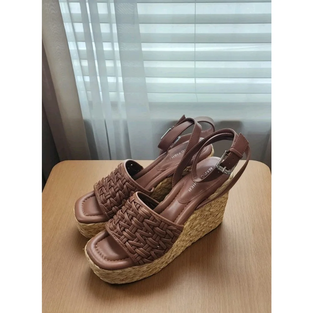 Marc Fisher Women Braided Raffia Chunky Platform Sandals 10 M Cognac Brown